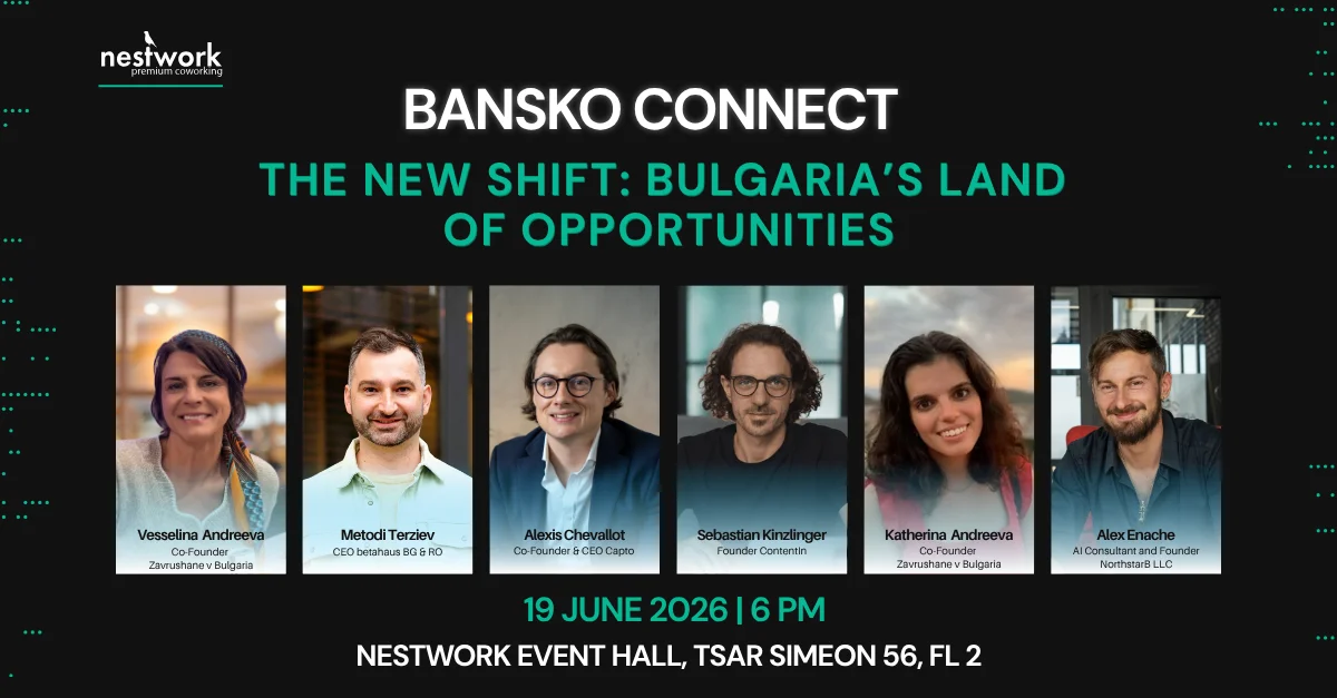 Promotional banner for the June 19 2026 Bansko Connect event at Nestwork featuring the six guest speakers.